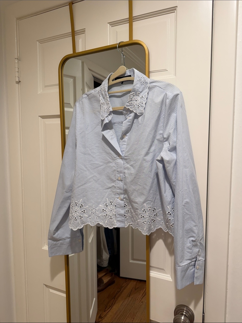 Zara cropped Blue Striped Eyelet Trim Button-Up Shirt
